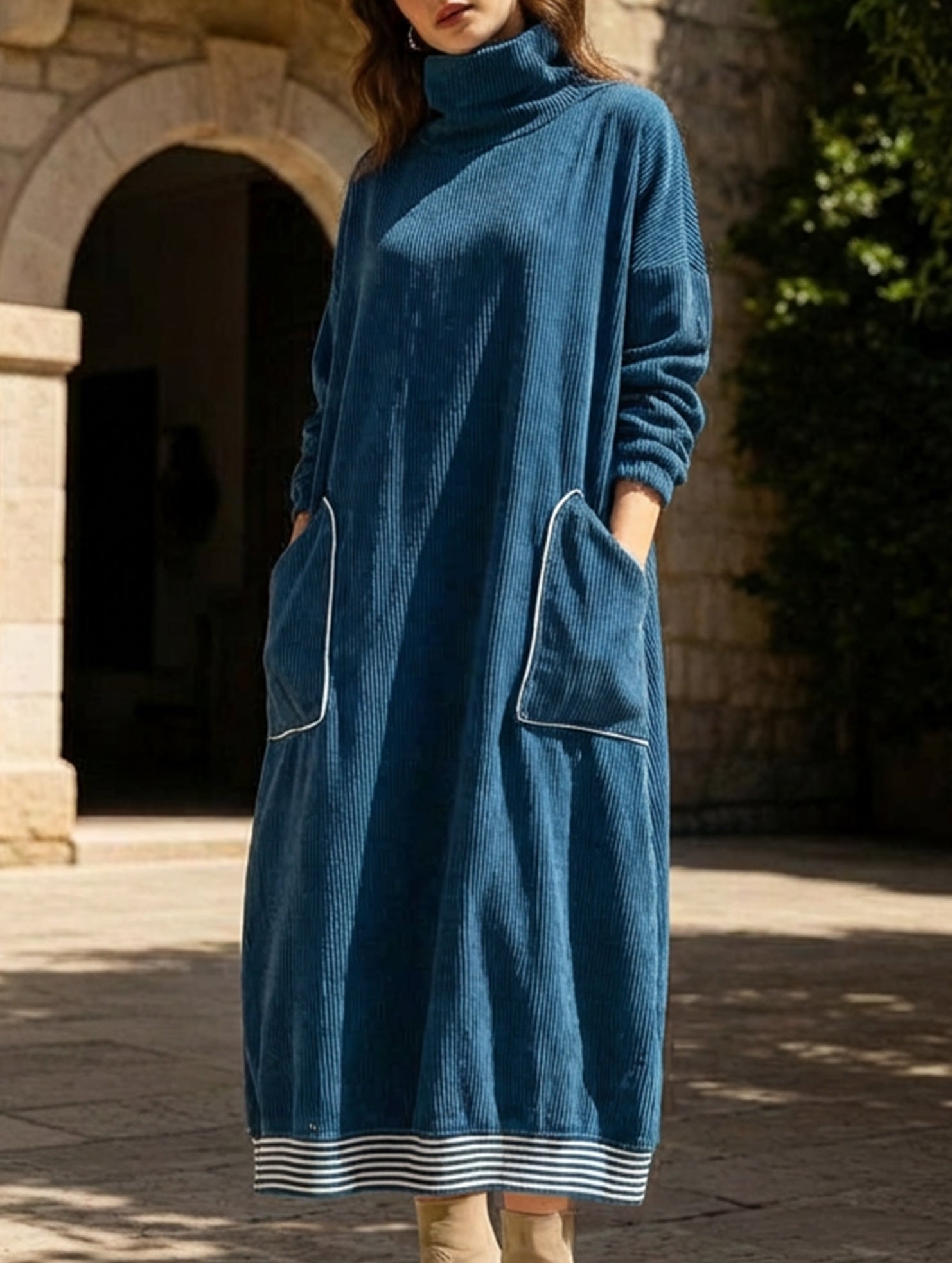 navy blue turtleneck dress Relaxed style A fitted turtleneck dress filter:Season:Spring Color:Fuchsia Rose Ribbed V-Neck Dress Knitting
