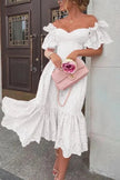 Pink off-shoulder midi dress for women by FJØRNA featuring an elegant A-line silhouette and stylish design.