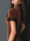 FJØRNA vintage velvet mini dress with lace trim and buttons, ideal for party and cocktail occasions.
