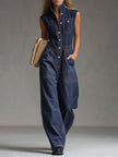 Dark blue denim sleeveless balloon jumpsuit with multiple pockets, designed for women by FJØRNA.