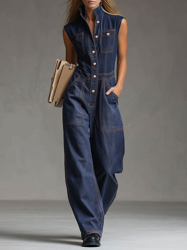 Dark blue denim sleeveless balloon jumpsuit with multiple pockets, designed for women by FJØRNA.