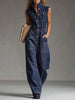 Dark blue denim sleeveless balloon jumpsuit with multiple pockets, designed for women by FJØRNA.