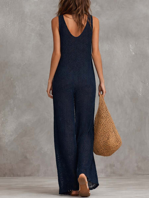 Navy boho knitted sleeveless jumpsuit for women by FJØRNA, featuring a relaxed fit and stylish design.