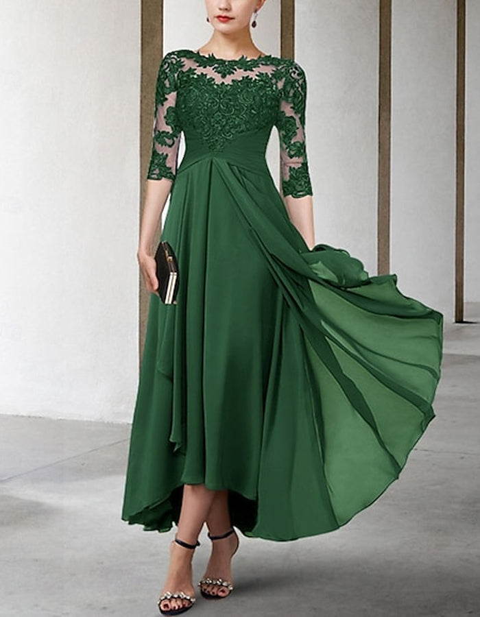 FJØRNA chiffon midi dress for women, A-line style with three-quarter sleeves, elegant and flowy for casual or semi-formal wear.