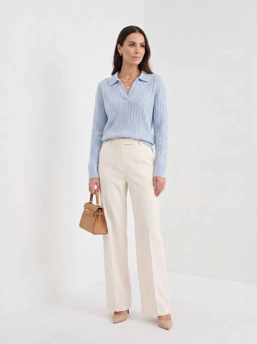 Cable Knit Sweater Women Wool Oversized Polo Collar