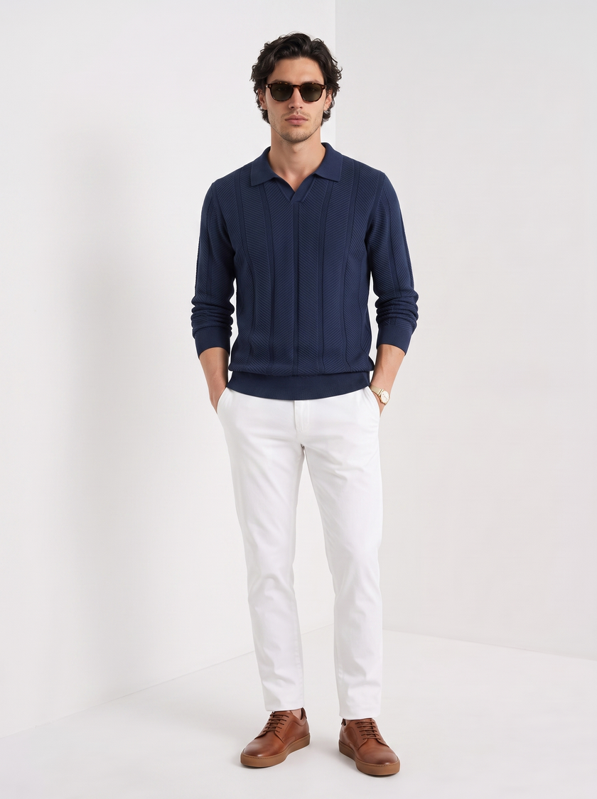 Knit Polo Sweater Men Lapel Collar Long Sleeve Textured