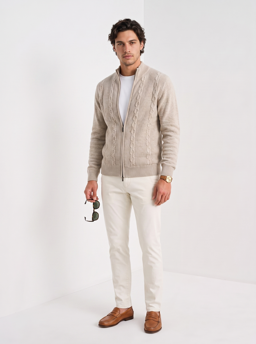 Wool Cable Knit Sweater Men Collared Full Zip Heavyweight