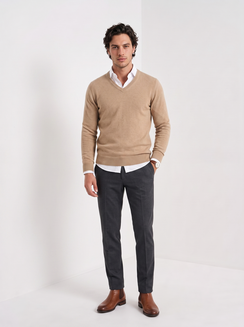 Cashmere Sweater Men V-Neck Slim Fit Long Sleeve