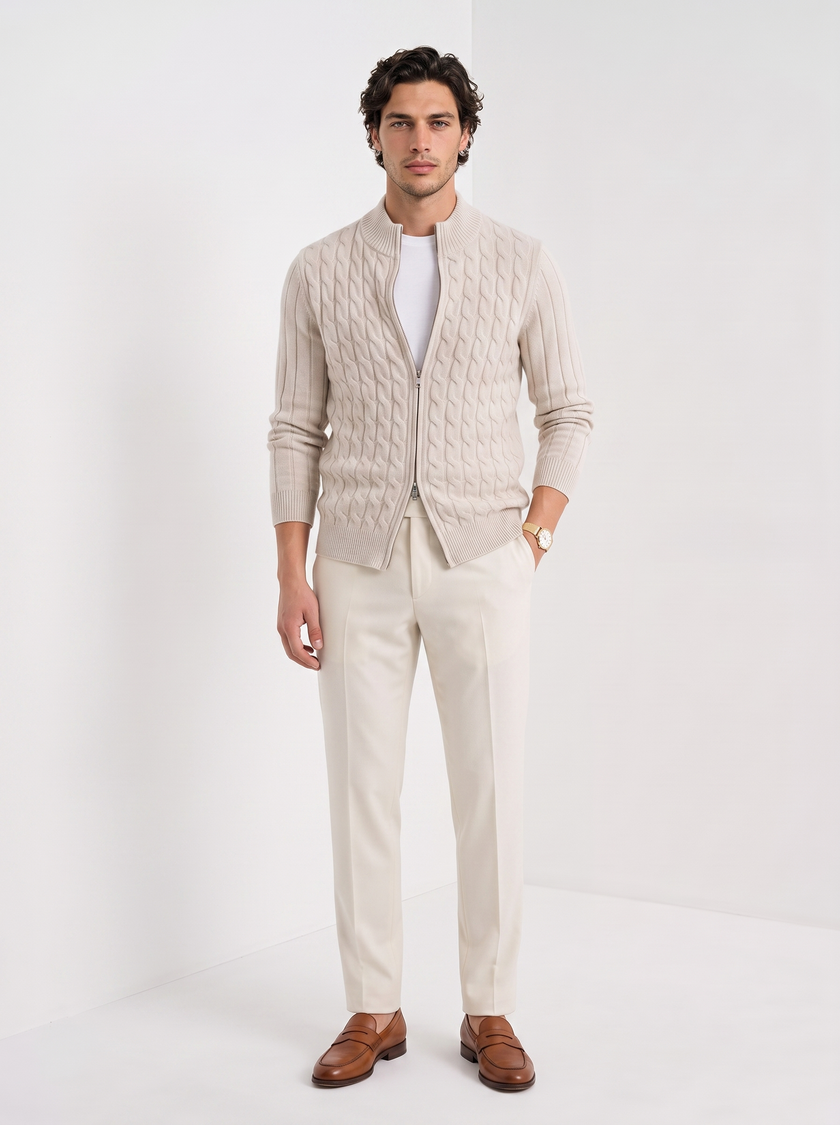 Cable Knit Cardigan Men Slim Fit Button Front Crew Neck