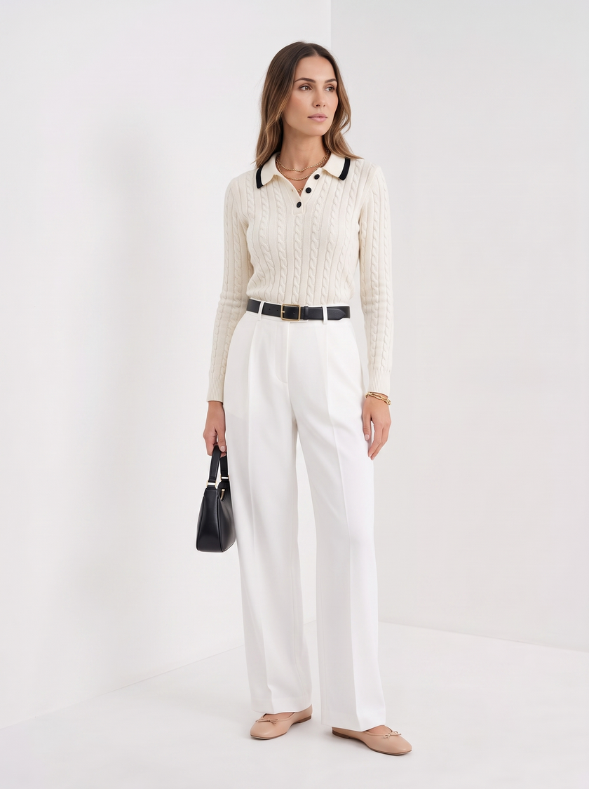 Knit Polo Shirt Women Henley Collar Button Old Money