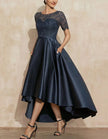 FJØRNA satin midi dress for women, round neck two-piece set with short sleeves, elegant and stylish for special occasions.