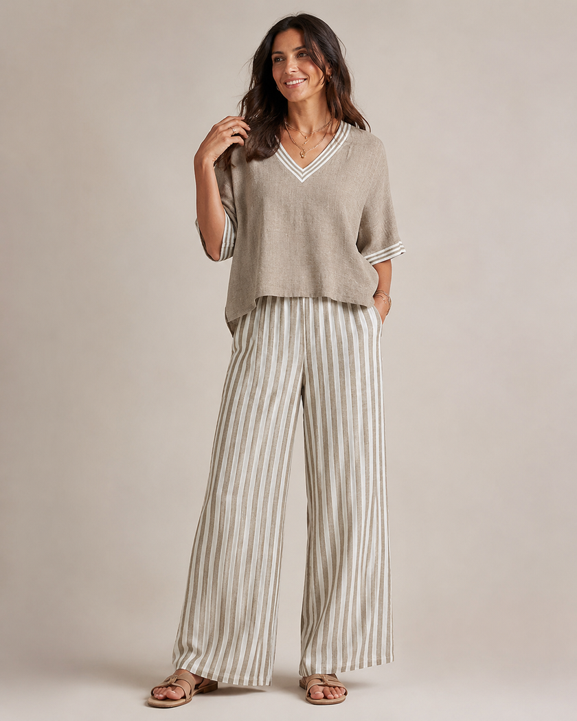 Two-Piece Set Women V-Neck Three-Quarter Sleeve Striped