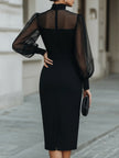 FJØRNA high-neck sheer sleeve tailored midi pencil dress, elegant cocktail dress with fitted silhouette and sophisticated style.