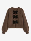 Knit Sweater Women Velvet Bow Puff Sleeve Relaxed Fit Winter