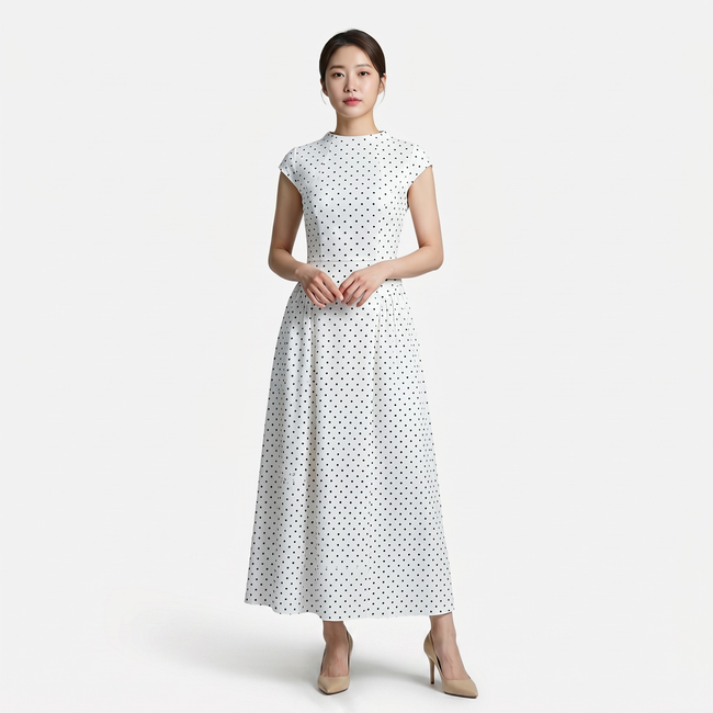 Women's FJØRNA polka dot maxi dress with round neck and A-line silhouette, flowing and stylish for casual or formal wear.