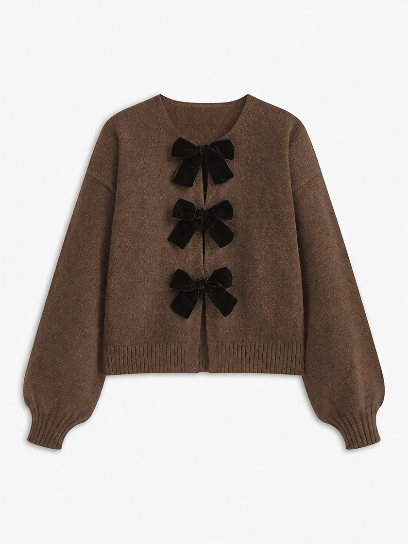 Knit Sweater Women Velvet Bow Puff Sleeve Relaxed Fit Winter
