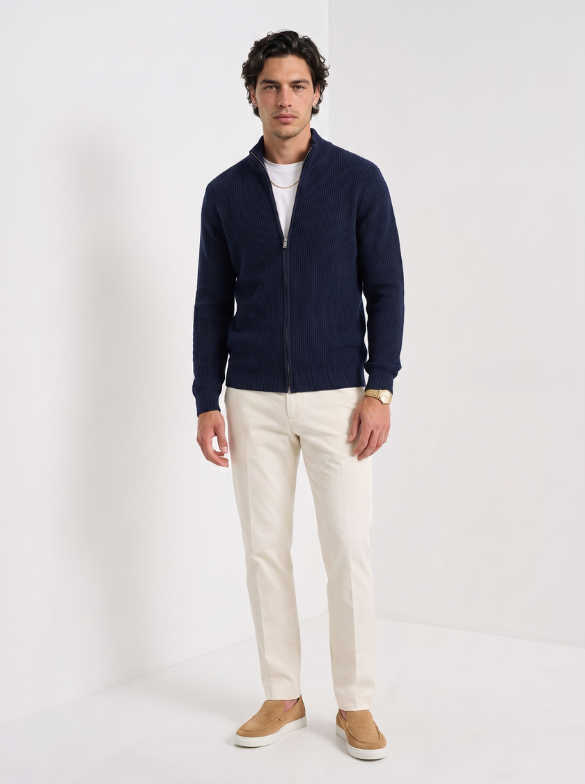 Wool Cardigan Men Fitted Full Zip Stand Collar