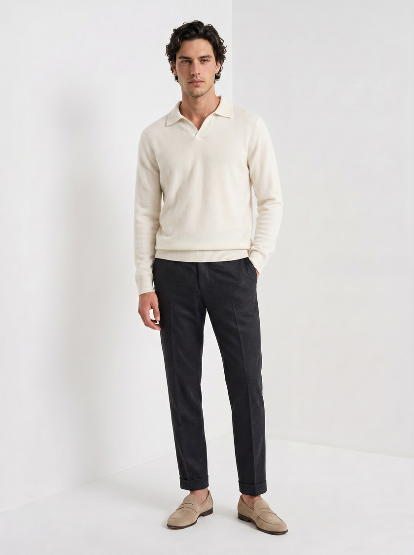 Cashmere Polo Sweater Men Long Sleeve Collared Regular Fit