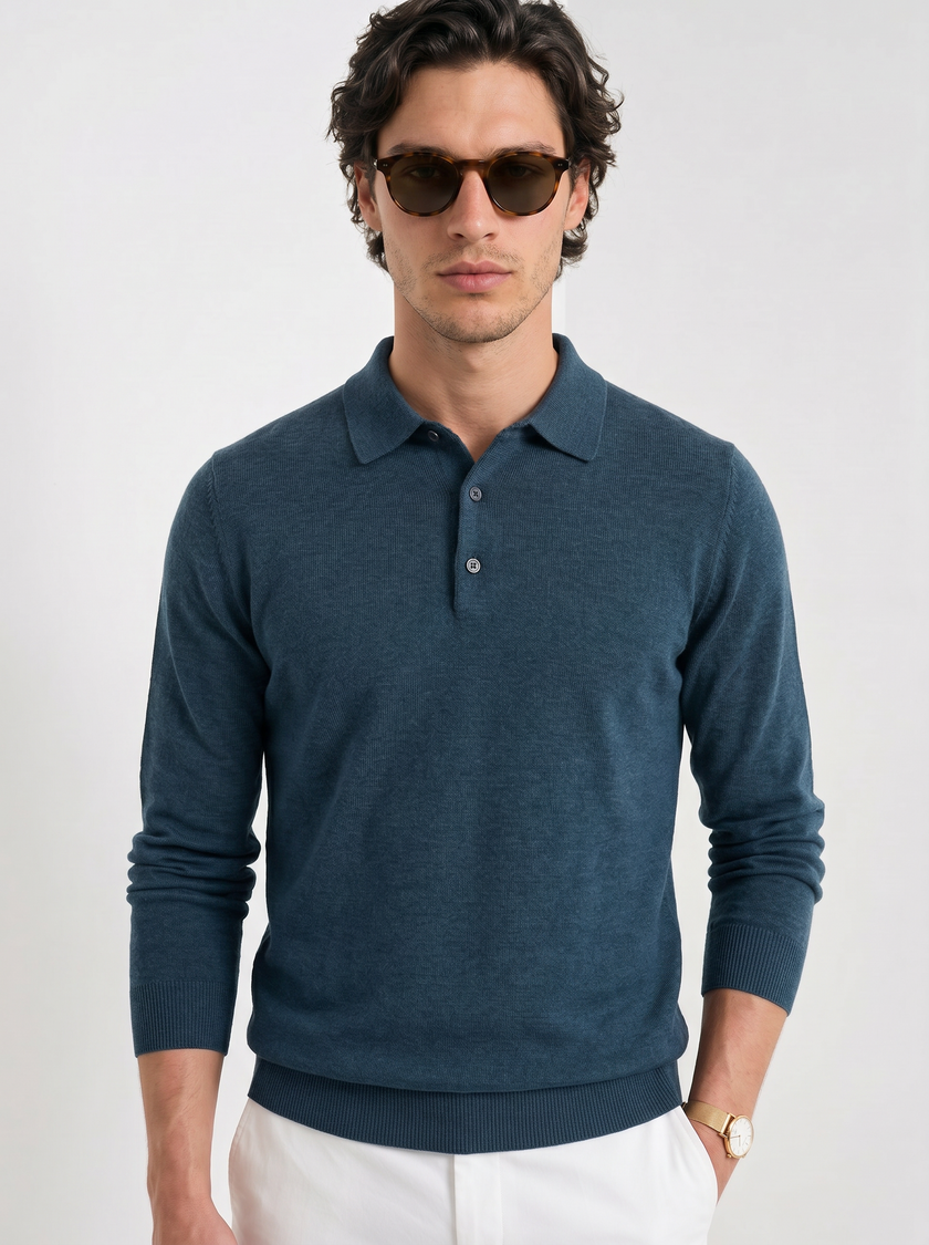 Wool Polo Sweater Men Button Placket Lapel Collar Rib Knit