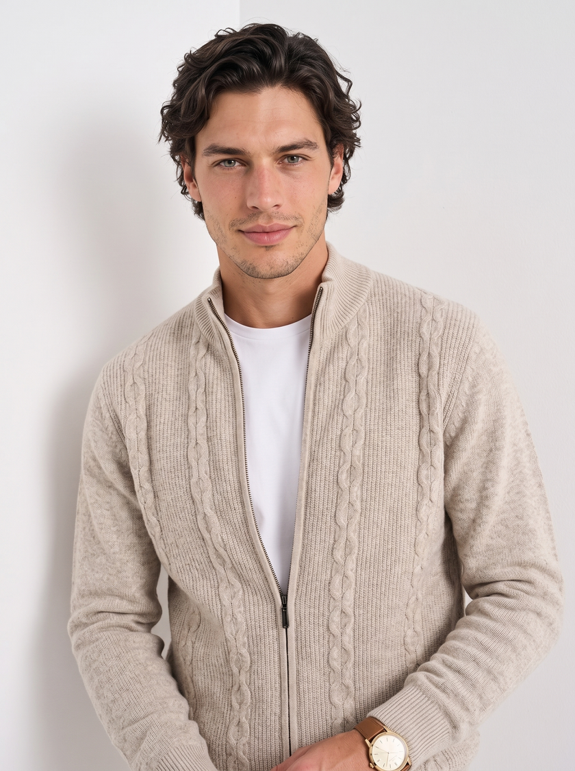Wool Cable Knit Sweater Men Collared Full Zip Heavyweight