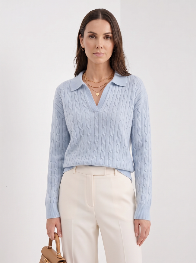 Cable Knit Sweater Women Wool Oversized Polo Collar