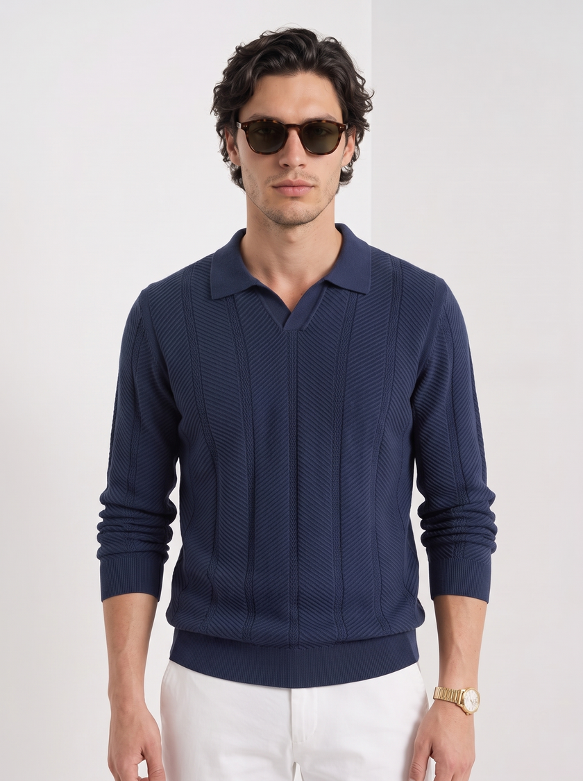 Knit Polo Sweater Men Lapel Collar Long Sleeve Textured