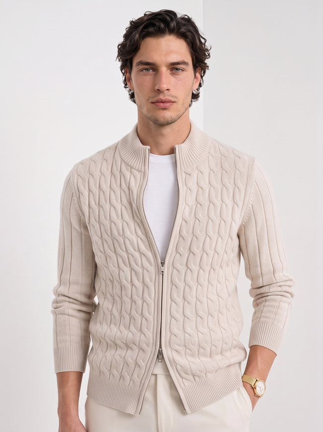 Cable Knit Cardigan Men Slim Fit Button Front Crew Neck