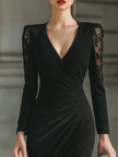 FJØRNA lace-panel draped V-neck midi dress, elegant cocktail dress with flowing fabric and intricate lace details.