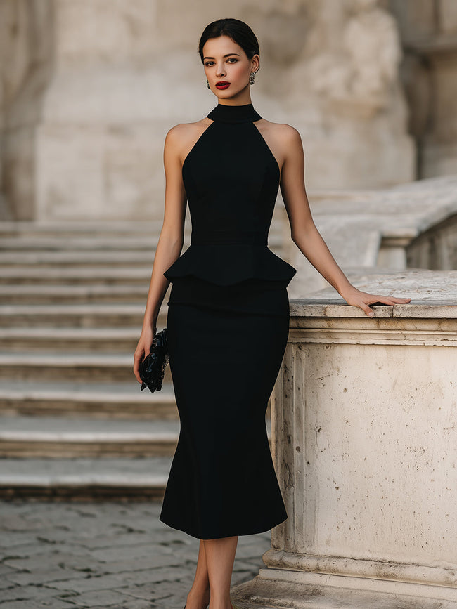 FJØRNA halter peplum midi dress for women, stylish sleeveless dress with fitted waist and flared hem, perfect for elegant occasions.