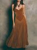 FJØRNA caramel satin spaghetti strap maxi dress, elegant wedding guest dress with flowing silhouette and fitted bodice.