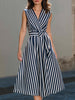 FJØRNA navy sleeveless wrap midi dress with vertical stripe pattern, stylish and elegant for versatile occasions.