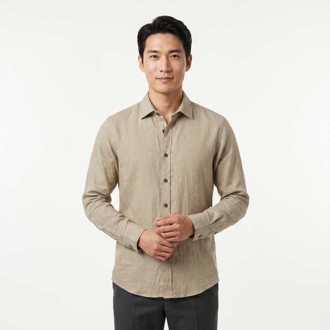Men's long sleeve cotton button-down shirt by FJØRNA, shown in navy blue with a classic collar and front button closure.