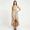 FJØRNA women's elegant sleeveless wrap midi dress hanging on a wooden hanger with a neutral background.