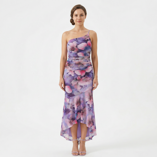 FJØRNA women's floral A-line maxi dress with a flowing silhouette and vibrant flower pattern, perfect for summer occasions.