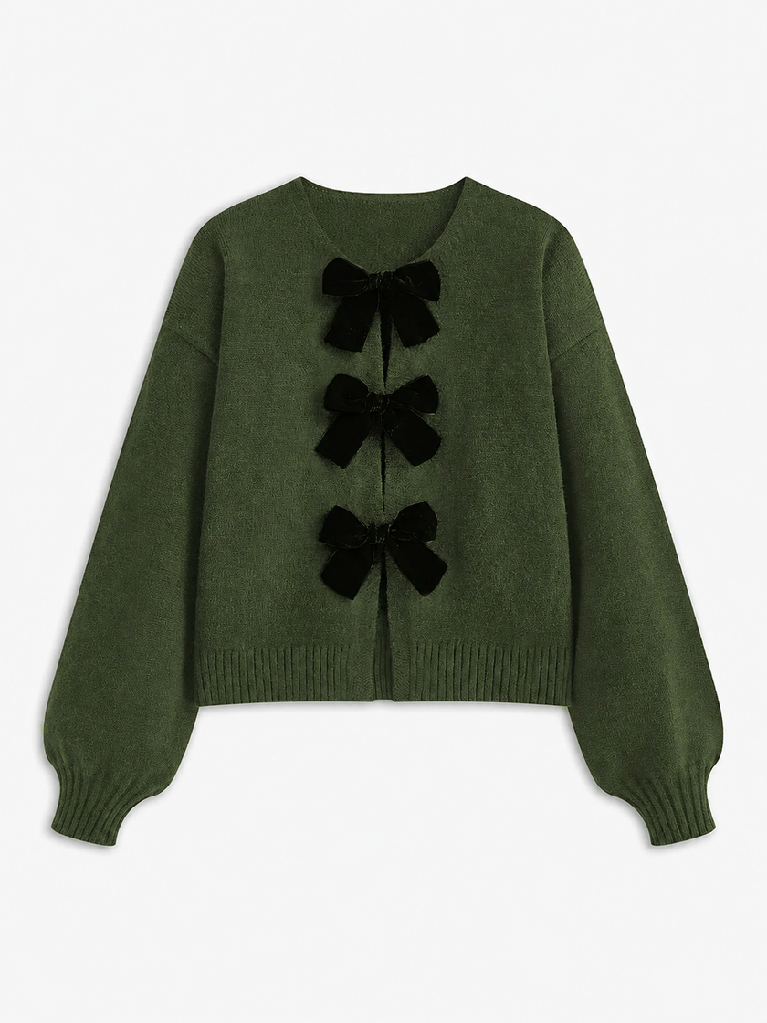 Knit Sweater Women Velvet Bow Puff Sleeve Relaxed Fit Winter