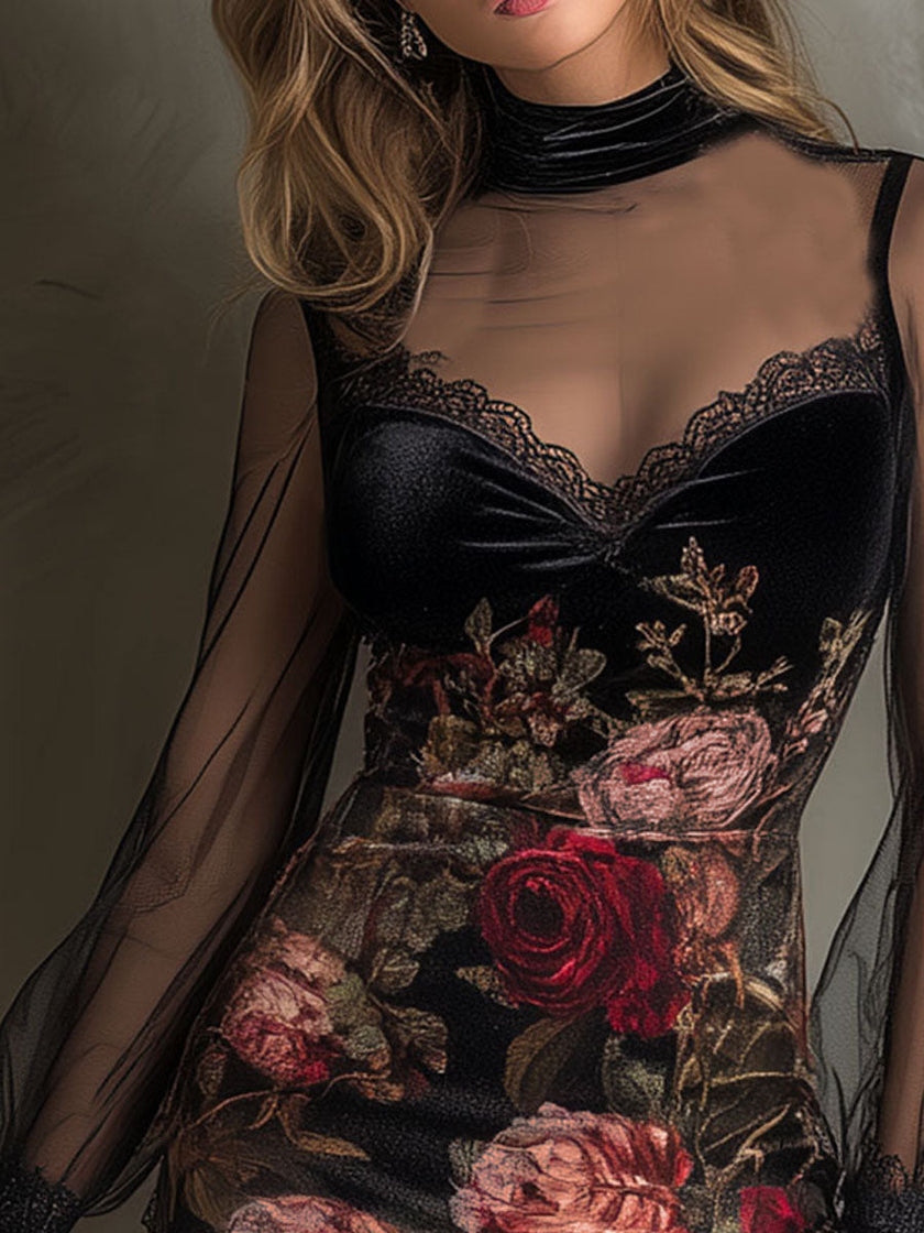 Velvet rose print sheer patchwork mini dress with lace trim, women's FJØRNA dress featuring floral pattern and delicate detailing.