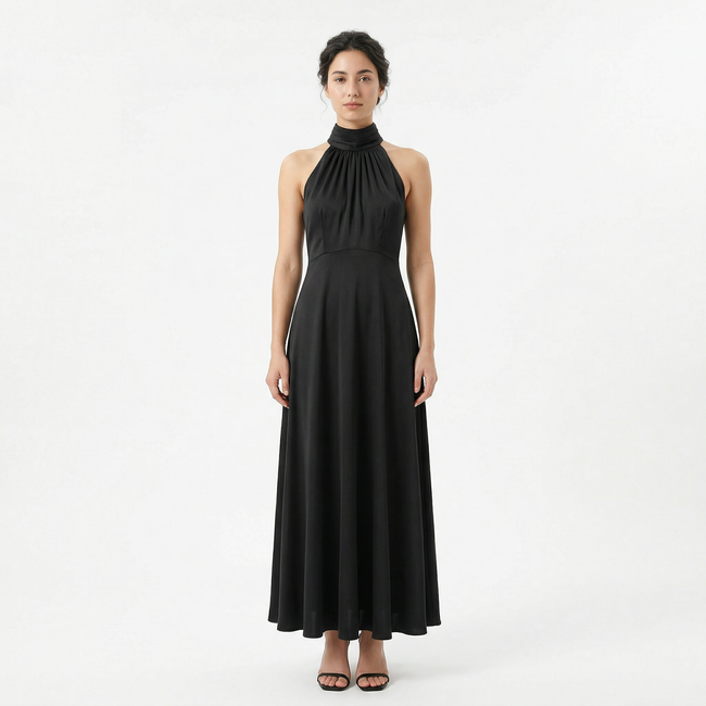 Women's satin high neck bridesmaid maxi dress by FJØRNA, featuring a sleek design and elegant high neckline.