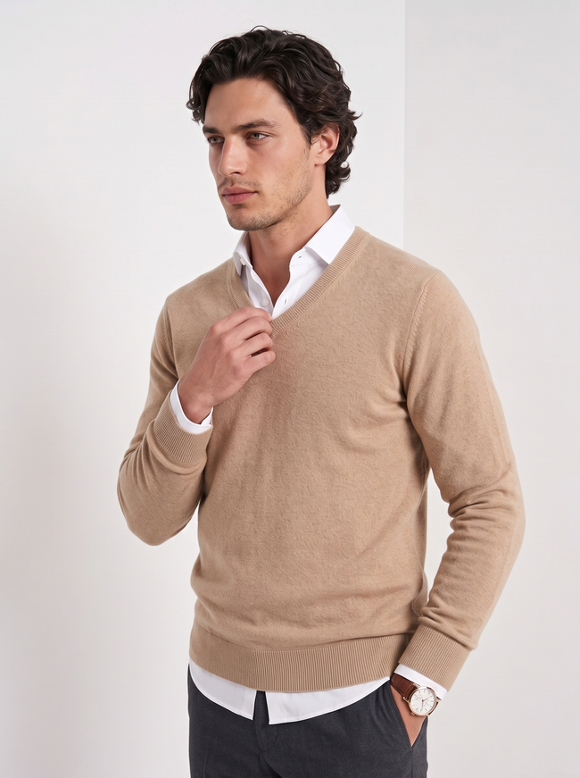 Cashmere Sweater Men V-Neck Slim Fit Long Sleeve