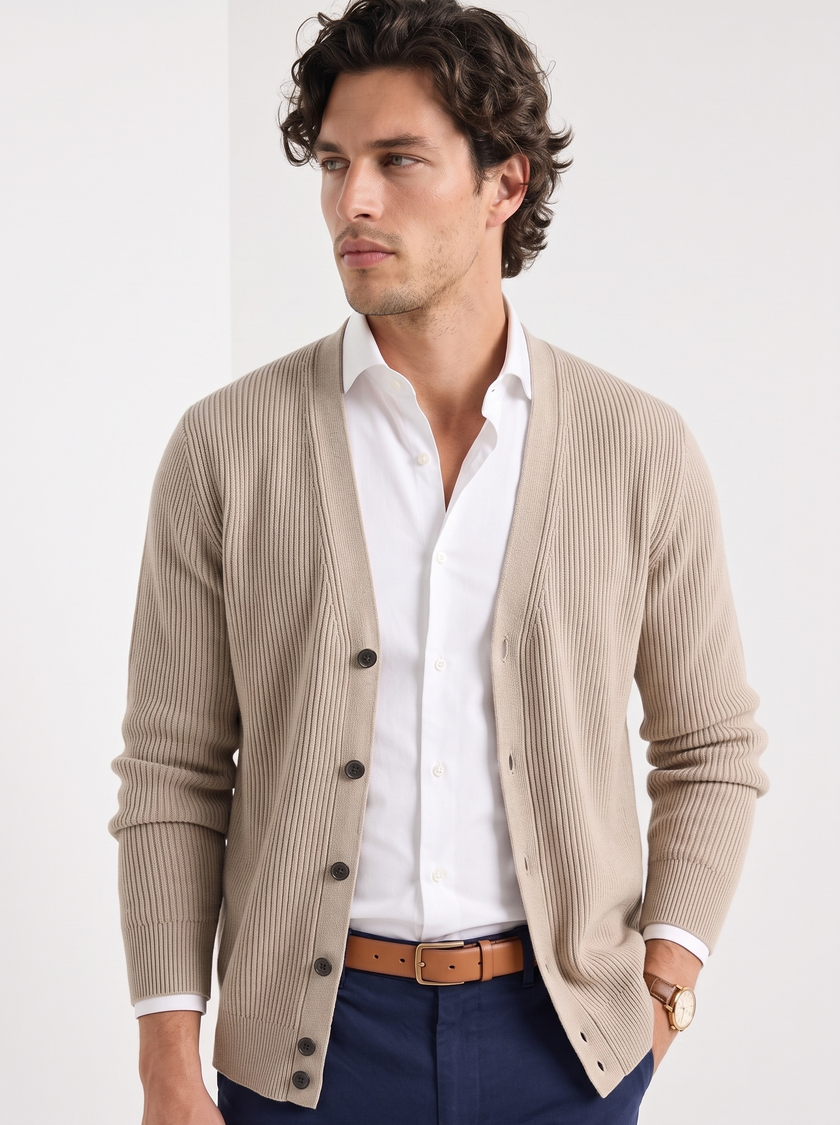 Wool Cardigan Men V-Neck Button Front Long Sleeve