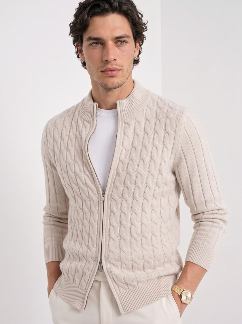 Cable Knit Cardigan Men Slim Fit Button Front Crew Neck