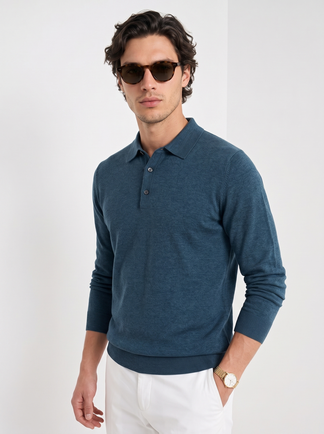 Wool Polo Sweater Men Button Placket Lapel Collar Rib Knit