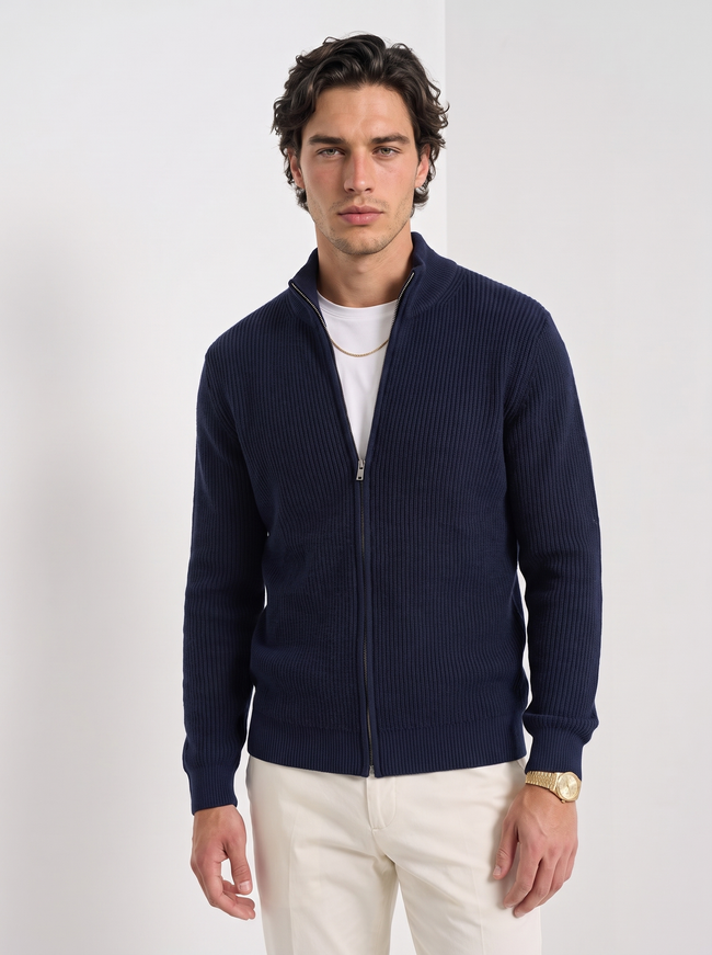 Wool Cardigan Men Fitted Full Zip Stand Collar