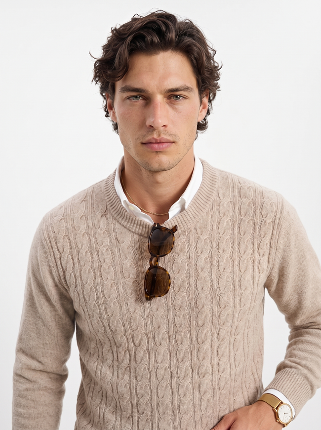 Wool Cable Knit Sweater Men Crew Neck Regular Fit