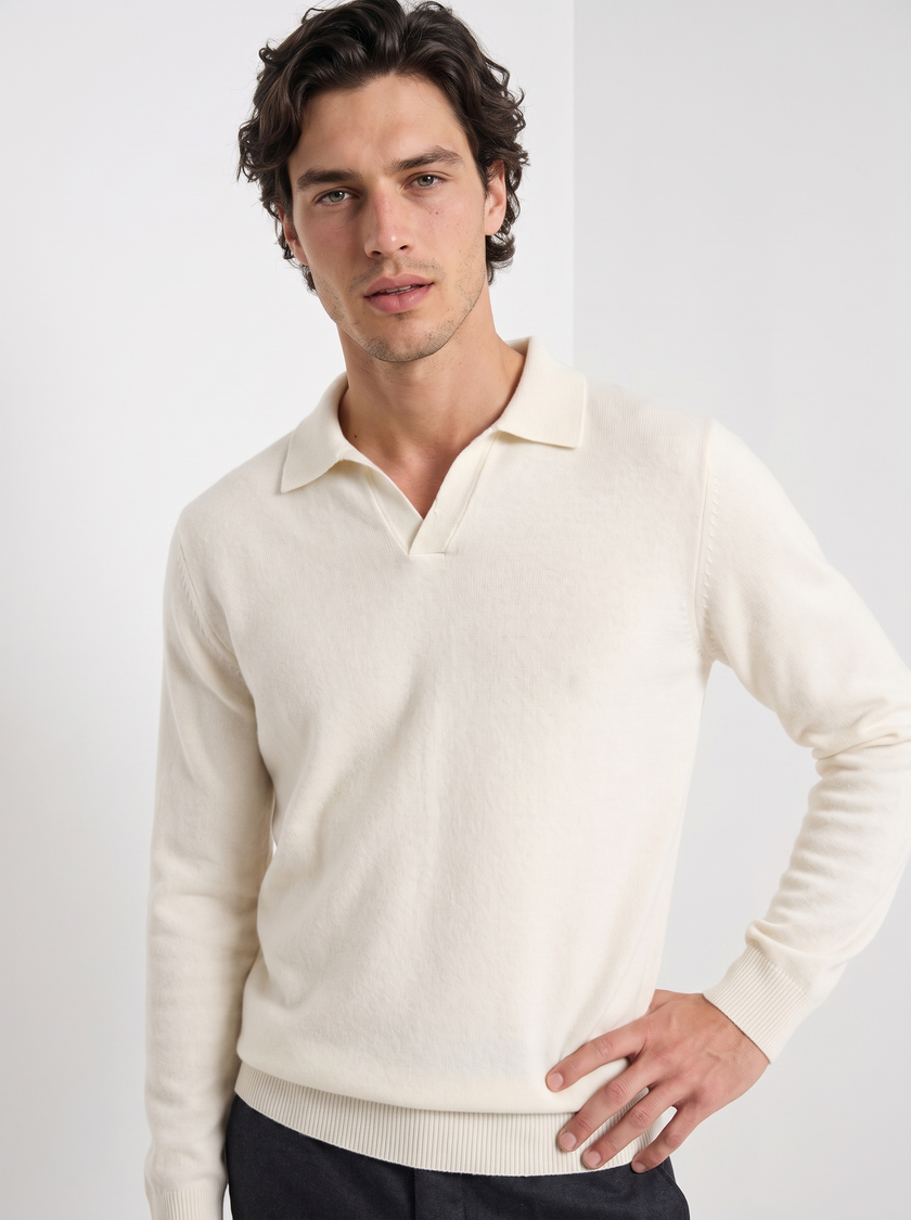 Cashmere Polo Sweater Men Long Sleeve Collared Regular Fit