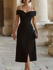 White off-shoulder midi dress with pearl straps by FJØRNA, perfect for cocktail events, featuring elegant design and flowing fabric.
