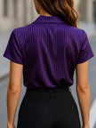 FJØRNA purple striped satin short-sleeve blouse with wide collar, cream background, and relaxed fit for women.