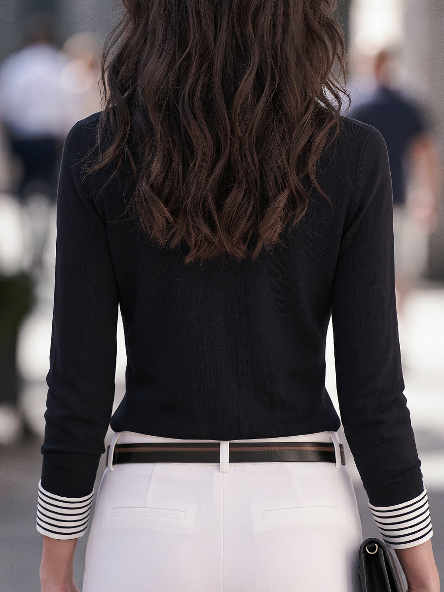 Faux Two-Piece V-Neck Knit Top with Striped Pointed Collar and Metallic Buttons for Women