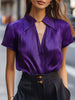 FJØRNA purple striped satin women's blouse with short sleeves and wide collar, stylish cream-colored top.