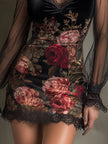 FJØRNA velvet rose print sheer patchwork mini dress with lace trim, featuring floral pattern and feminine design.
