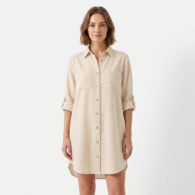 FJØRNA women's oversized linen shirt dress with button-down front and relaxed fit, lightweight and breathable for casual wear.